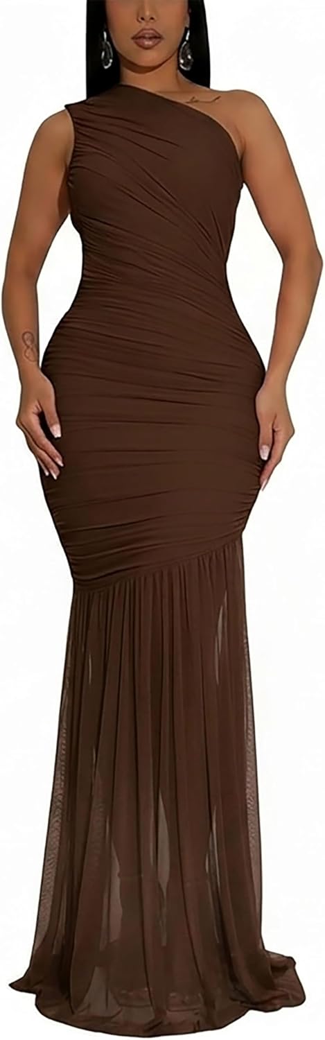 Women'S Sexy One Shoulder Sleeves Bodycon Ruched Long Elegant Formal Wedding Guest Evening Dresses