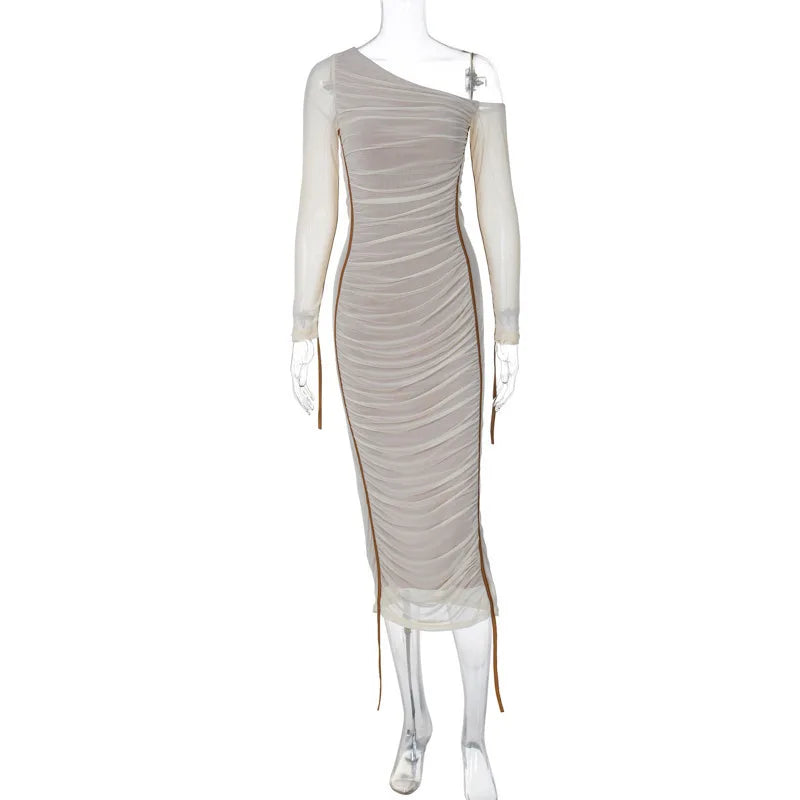 Women Sexy One Shoulder Open Back Bodycon Long Dress Solid Color Woven Slim Fit Party Club Evening Dress