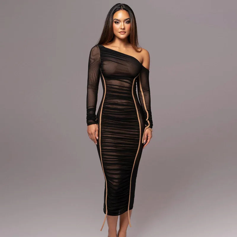 Women Sexy One Shoulder Open Back Bodycon Long Dress Solid Color Woven Slim Fit Party Club Evening Dress