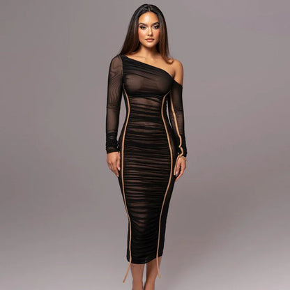 Women Sexy One Shoulder Open Back Bodycon Long Dress Solid Color Woven Slim Fit Party Club Evening Dress