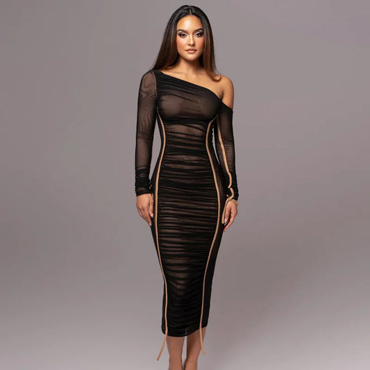Women Sexy One Shoulder Open Back Bodycon Long Dress Solid Color Woven Slim Fit Party Club Evening Dress
