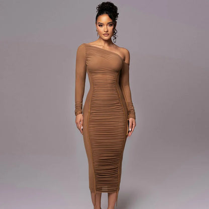 Women Sexy One Shoulder Open Back Bodycon Long Dress Solid Color Woven Slim Fit Party Club Evening Dress