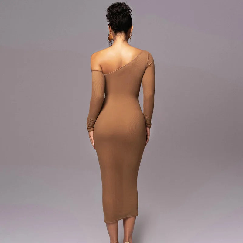Women Sexy One Shoulder Open Back Bodycon Long Dress Solid Color Woven Slim Fit Party Club Evening Dress
