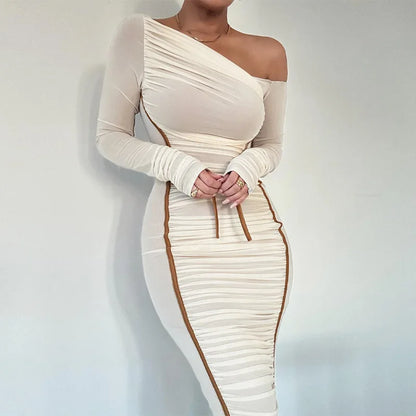Women Sexy One Shoulder Open Back Bodycon Long Dress Solid Color Woven Slim Fit Party Club Evening Dress